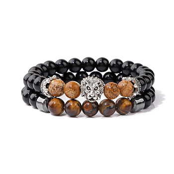 Natural Picture Jasper & Tiger Eye & Obsidian & Synthetic Hematite Stretch Bead Stretch Bracelets, with Lion Head for Men, 