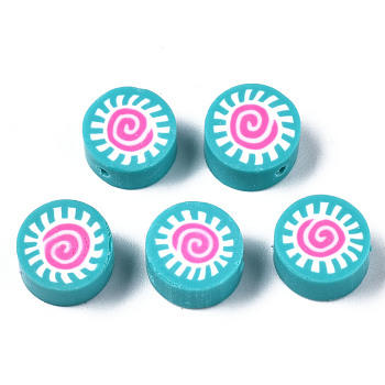 Handmade Polymer Clay Beads, for DIY Jewelry Crafts Supplies, Flat Round with Sun, Dark Turquoise, 9.5x4.5~5mm, Hole: 1.6mm