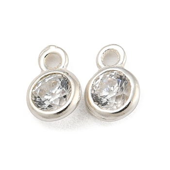 925 Sterling Silver Charms, with Clear Cubic Zirconia, Flat Round, Silver, 5x3.7x1.8mm, Hole: 0.8mm