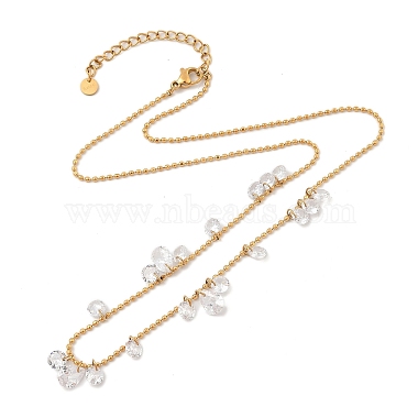 Collares de cadena de bolas con forma de lágrima y redonda plana con circonita cúbica de acero inoxidable con revestimiento iónico (IP) 304 para mujer(NJEW-F328-11G-01)-2