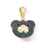 Brass Micro Pave Cubic Zirconia Pendants, Cadmium Free & Lead Free, Bear Head Charms, Golden, Lime Green, 16.5x18.5x11mm, Hole: 6.5x3mm(KK-P224-09EB-05)
