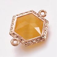 Faceted Cat Eye Links connectors, with Brass Finding, Light Gold, Hexagon, Gold, 18x14.5x5mm, Hole: 1mm(GLAA-G041-C06)