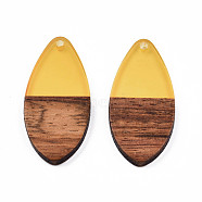 Transparent Resin & Walnut Wood Pendants, Teardrop Shape Charm, Champagne Gold, 38x18x3mm, Hole: 2mm(RESI-N025-032-C08)