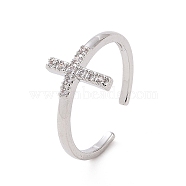 Clear Cubic Zirconia Cross Open Cuff Ring, Brass Jewelry for Women, Platinum, Inner Diameter: 17.8mm(RJEW-G283-05P)