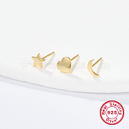 3Pcs 3 Style 925 Sterling Silver Stud Earrings, Moon & Star & Heart, with S925 Stamp, Golden, 5~6x4~6mm, 1Pc/style(IL9248-01)