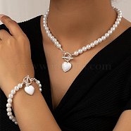 Plastic Imitation Pearl Beaded & Alloy Heart Pendant Necklaces & Charm Bracelet Sets for Women, White, 430mm & 200mm(FS-WG63549-02)