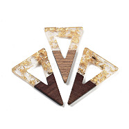 Walnut Wood Pendants, Resin and Gold foil, Triangle, Clear, 45x30x3.5mm, Hole: 2mm(FIND-Z050-03G)