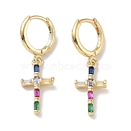 Real 18K Gold Plated Brass Dangle Hoop Earrings, with Glass, Cross, Colorful, 30x9mm(EJEW-L269-035G-02)