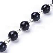 Handmade Dyed Glass Pearl Beaded Chains, Unwelded, with Iron Eye Pin, Platinum, Black, 39.37 inch, 1m/strand(AJEW-JB00486-05)