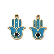 Ion Plating(IP) 316 Surgical Stainless Steel Pendants, Nickel Free, with Enamel, Hamsa Hand with Eye Charm, Real 18K Gold Plated, Deep Sky Blue, 17x12x1.5mm, Hole: 1.4mm(STAS-U014-46G)