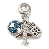 Rack Plating Alloy Enamel European Dangle Charms, Airplane & Earth & Ticket Large Hole Pendants with Crystal Rhinestone, Antique Silver, 29mm, Hole: 4.5mm(PALLOY-A009-08P)