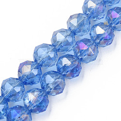 Electroplate Transparent Glass Beads Strands, Faceted, Round, Cornflower Blue, 10x8.5mm, Hole: 1.2mm, about 60pcs/strand, 20.47 inch(52cm)(EGLA-N002-34B-C05)