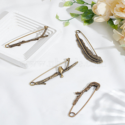 4Pcs 4 Styles Feather & Branch Alloy Brooch Pins, Alloy Badge for Backpack Clothes, Antique Bronze, 79.5~89x22~29mm, 1pc/style(JEWB-LP0004-84)