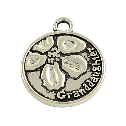 Tibetan Style Alloy Pendants, Flat Round with Flower Pattern and Word Granddaughter, Cadmium Free & Lead Free, Antique Silver, 24x20x2mm, Hole: 2.5mm, about 342pcs/915g(TIBEP-5541-AS-LF)