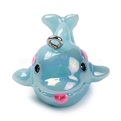 Animal Theme Resin Pendants, AB Color Plated, with Platinum Iron Loop, Dolphin, 26x25x20mm, Hole: 2mm(RESI-S010-04I)