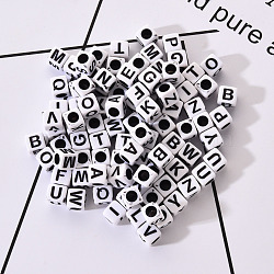 White Opaque Acrylic Beads, Cube with Black Mixed Letter, 6x6x6mm, Hole: 3~3.5mm, about 100pcs/bag(SACR-YW0001-17)