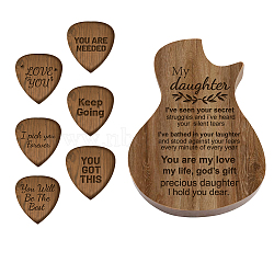 Guitar Shaped Wooden Guitar Picks Box, with 6 Pcs Traingle Wood Guitar Picks, Word, 32x27x2.5mm, 6pcs/set(WOOD-WH0116-001)