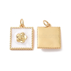 Square with Flower Pattern Brass Enamel Pendants, with Jump Rings, Cadmium Free & Nickel Free & Lead Free, Real 18K Gold Plated, White, 16x14x3mm, Hole: 3.4mm(KK-G435-09G)