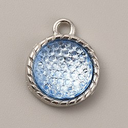 Plastic Pendants, March Birthstone Charms, with Alloy Cabochon Settings, Flat Round, Light Sky Blue, 18.5x15x5mm, Hole: 2.5mm(FIND-TAC0014-75I)