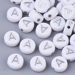 Plating Acrylic Beads, Silver Metal Enlaced, Horizontal Hole, Flat Round with Letter, White, Letter.A, 7x4mm, Hole: 1.2mm(X-PACR-R243-04A)