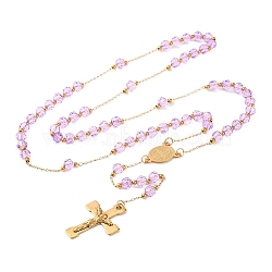 Ion Plating(IP) Crucifix Cross 304 Stainless Steel Rosary Bead Necklaces, with Acrylic Beads, Plum, 25.98 inch(66cm)(NJEW-M075-03G-04)