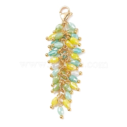 Cluster Electroplate Glass Beads Pendant Decoration, with Golden Tone 304 Stainless Steel Lobster Claw Clasps, Dark Turquoise, 58mm, Pendant: 50x14mm(HJEW-JM00621-01)