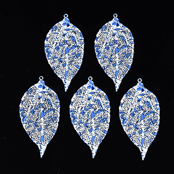 430 Stainless Steel Big Pendants, Spray Painted, Etched Metal Embellishments, Leaf with Flower Pattern, White, 64.5x30.5x0.4mm, Hole: 1.6mm