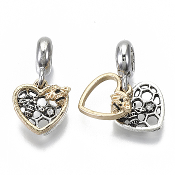 Alloy European Dangle Charms, with Crystal Rhinestone, Large Hole Pendants, Heart with Bee, Antique Silver & Golden, 22mm, Hole: 5mm, Heart: 12x12x3mm