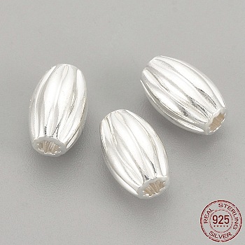 925 Sterling Silver Corrugated Beads, Oval, Silver, 8x5mm, Hole: 1.5mm