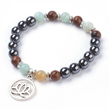 Tibetan Style Filigree Alloy Charm Bracelets, with Natural Amazonite Beads, Non-Magnetic Synthetic Hematite Beads and Wood Beads, 2-1/8 inch(5.3cm)