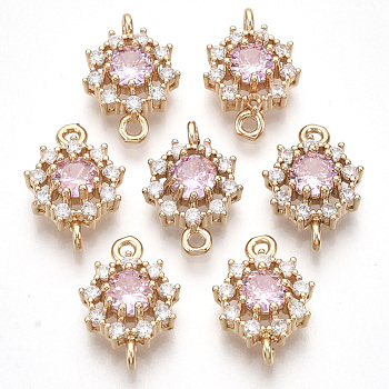 Transparent Glass Links connectors, with Golden Tone Brass Findings and Clear Rhinestone, Faceted, Flower, Pearl Pink, 16x11x5mm, Hole: 1.2mm
