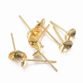 304 Stainless Steel Post Stud Earring Settings For Half Drilled Beads, Real 24K Gold Plated, 13.5x6mm, Tray: 5.5mm, Pin: 0.8mm