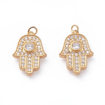 Brass Micro Pave Cubic Zirconia Pendants, with Soldered Jump Rings, Hamsa Hand/Hand of Fatima/Hand of Miriam, Clear, Golden, 18x12x3mm, Hole: 2.2mm