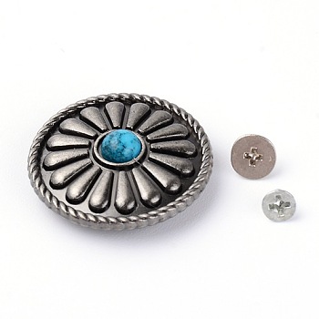 Alloy & Imitation Turquoise Craft Solid Screw Rivet, DIY Leather Craft Nail, Flat Round with Chrysanthemum, Antique Silver, Blue, 26x9mm, Hole: 2mm, Screw: 5x3mm and 7x3.5mm