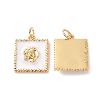 Square with Flower Pattern Brass Enamel Pendants, with Jump Rings, Cadmium Free & Nickel Free & Lead Free, Real 18K Gold Plated, White, 16x14x3mm, Hole: 3.4mm