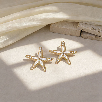 Alloy Rhinestone Stud Earrings, Golden, Starfish, 38x42mm