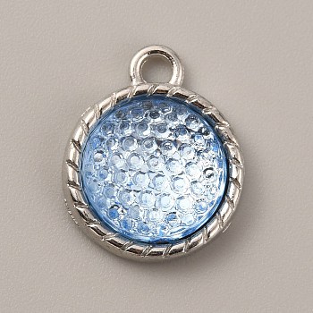 Plastic Pendants, March Birthstone Charms, with Alloy Cabochon Settings, Flat Round, Light Sky Blue, 18.5x15x5mm, Hole: 2.5mm