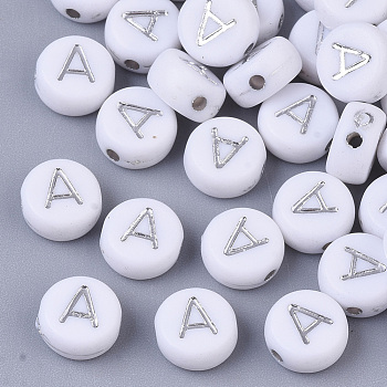 Plating Acrylic Beads, Silver Metal Enlaced, Horizontal Hole, Flat Round with Letter, White, Letter.A, 7x4mm, Hole: 1.2mm