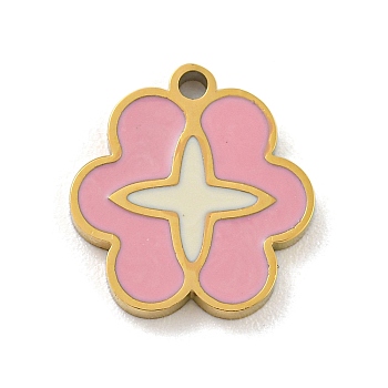 316 Surgical Stainless Steel Enamel Charms, Flower Charm, Golden, Pink, 11.5x11x1.5mm, Hole: 1mm