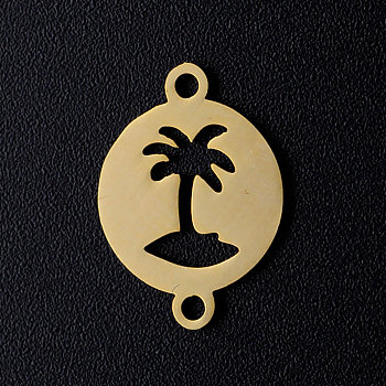 201 Stainless Steel Links connectors, Flat Round with Coconut Tree, Golden, 16.5x12x1mm, Hole: 1.5mm