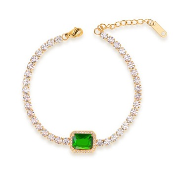 Elegant European Stainless Steel Pave Green Cubic Zirconia Link Bracelets for Women