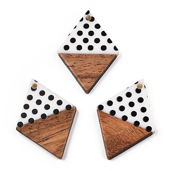 Printed Opaque Resin & Walnut Wood Pendants, Rhombus Charm with Polka Dot Pattern, White, 34x24.5x3.5mm, Hole: 2mm