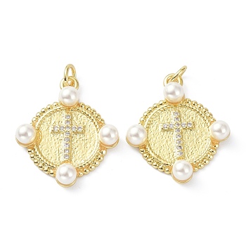 Brass Cubic Zirconia Acrylic Pendant, with Jump Rings & Acrylic Pearl, Long-Lasting Plated, Lead Free & Cadmium Free, Round with Cross, Real 18K Gold Plated, 23x20x5mm, Hole: 3.4mm