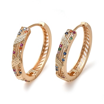 Brass Micro Pave Colorful Cubic Zirconia Hoop Earrings, Hollow Leaf, Light Gold, 25x26.5x4.5mm