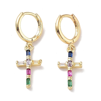 Real 18K Gold Plated Brass Dangle Hoop Earrings, with Glass, Cross, Colorful, 30x9mm