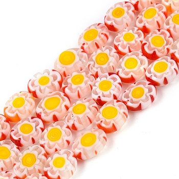 Handmade Millefiori Glass Beads Strands, Oval, Yellow, 8.5~9x6.5~7x3.5mm, Hole: 0.8mm, about 47~48pcs/strand, 15.91~16.06 inch(40.4~40.8cm)