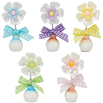5Pcs 5 Colors Cute Plastic Shaking Head Flower Ornament, Resin Vase Base for Car Interior Decorations, Mixed Color, 15x80mm, 1pc/color