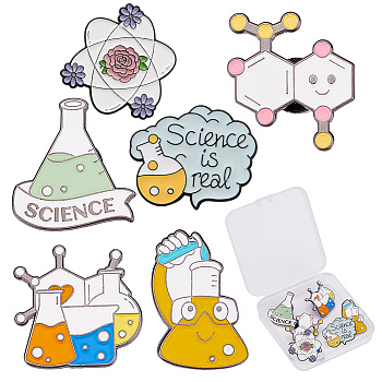 6Pcs 6 Style Chemistry Theme Enamel Pins, for Teachers Students, Alloy Brooches with Word for Backpack Clothes, Mixed Color, 24.5~29x19~30x1.3~11mm, 1pc/style