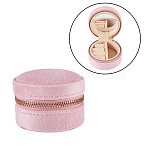 Portable Travel Round Velvet Jewelry Set Storage Zipper Boxes, Jewelry Case for Earrings, Rings, Bracelets, Pink, 6.2x4.55cm(CON-TAC0001-11B)