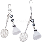 2Pcs 2 Styles Badminton & Racket Alloy & Resin & PVC Pendant Decorations, White, 115~147mm,  1pc/style(AJEW-BM0001-19)